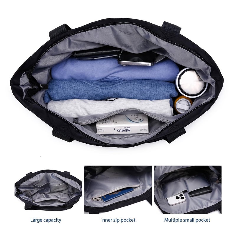 ETidy Large Capacity Foldable Tote Bag With Zipper Water-resistant Sandproof Women Beach Bag Handbag Gym Bag Travel Shopping Bag(Black) - Image 5